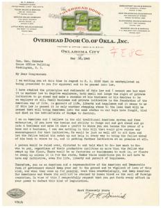 ["The document is a letter from W.T. Dimick to Congressman Geo. Schwabe, expressing opposition to a proposed law (H.R. 2232) that Dimick believes will infringe on the rights of employers and hinder small businesses and private initiative. Dimick argues that the law goes against the principles of the American way of life and free enterprise, and urges the Congressman to defeat the legislation to preserve American values and prevent government overreach."]