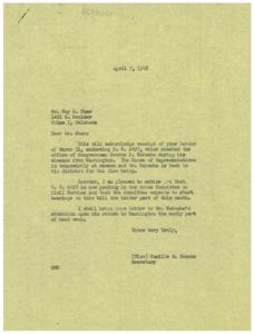 ["The document acknowledges receipt of a previous letter endorsing H. R. 2497, which is pending in the House Committee on Civil Service. Congressman George B. Schwabe is currently in his district but will be notified of the support for the bill upon his return to Washington."]