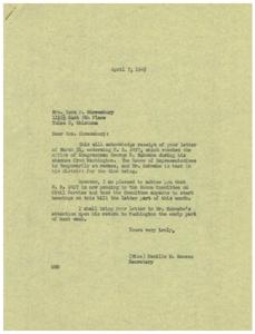 ["Mrs. Vera P. Shrewsbury wrote a letter to Congressman George B. Schwabe endorsing H. R. 2497, a bill aimed at improving salary and wage administration in the Federal Service. The bill is pending in the House Committee on Civil Service and hearings are expected to start later in the month. Congressman Schwabe is currently out of Washington but the letter will be brought to his attention upon his return."]