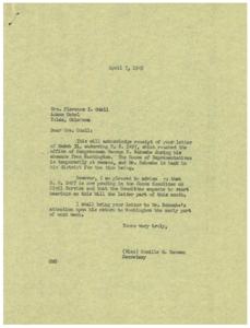 ["Mrs. Florence I. Odell wrote a letter to Congressman George B. Schwabe endorsing H.R. 2497. The Congressman's office acknowledged receipt of the letter and informed Mrs. Odell that the bill is pending in the House Committee on Civil Service and hearings are expected to start later in the month. The office also stated that they will bring Mrs. Odell's letter to the Congressman's attention upon his return to Washington."]