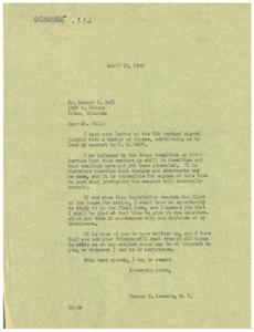 ["The document consists of a letter from George B. Schwabe, a member of the House of Representatives, responding to a letter from a group of individuals requesting his support for H. R. 2497. Schwabe explains that the bill is still in committee and no hearings have been scheduled yet, so it is unclear what provisions it will contain. He promises to study the bill when it reaches the floor and vote according to his conscience. Schwabe encourages the group to contact him with any other concerns or requests for assistance."]