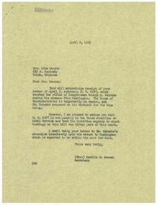 ["Mrs. Edna Hanson wrote a letter endorsing H. R. 2497 to Congressman George B. Schwabe, who was away from Washington at the time. The bill is pending in the House Committee on Civil Service and hearings are expected to start soon. The document will be brought to Congressman Schwabe's attention upon his return to Washington."]