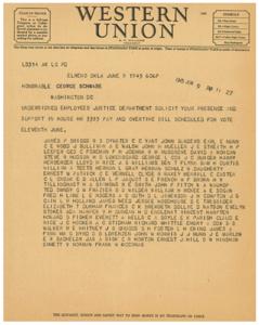 ["The document includes information about different classes of service for telegrams and cables, symbols indicating the type of message, the filing and receipt times, and a message from employees of the Justice Department requesting support for a bill. The message lists multiple names of employees requesting support."]
