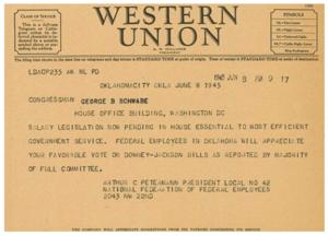 ["The document is about a telegram sent to Congressman George B. Schwabe regarding salary legislation pending in the House that is essential for efficient government service. The sender, Arthur C Petermann, urges the Congressman to vote favorably on the bills. The telegram also mentions that the company appreciates suggestions from its patrons regarding its services."]