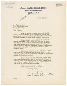 ["George B. Schwabe, a member of Congress from the 1st District of Oklahoma, received a letter regarding a bill proposing a seventeen percent increase in salaries for federal employees. While not on the Committee handling the bill, Schwabe expressed his support for Civil Service employees and promised to watch the bill with interest and help when it is brought before the House for action. He also mentioned that he is sending a copy of his reply to all the Civil Service employees who signed the original letter."]