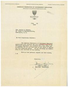 ["The American Federation of Government Employees, represented by James B. Burns, National President, expresses gratitude to Congressman George Be Schwabe for his support of the Government employees' pay increase Bill, H.R. 3393. They appreciate his efforts in advocating for the rights of government employees and will inform their membership of his support."]