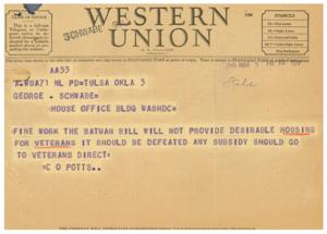 Urgent Plea for Veterans Housing Bill Support, 1946-01-01 - 1946-12-31