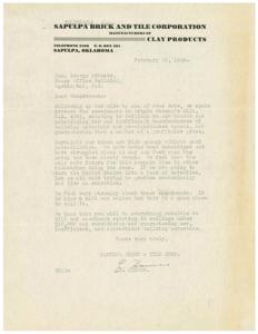 Protesting Subsidies and Ceilings: A Letter to Congressman Schwabe from Sapulpa Brick and Tile Corporation, 1946-02-23 - 1946-02-23