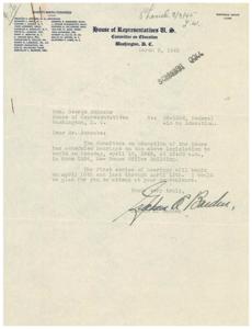 ["The document is a letter from Graham A. Barden, Chairman of the Committee on Education, to George Schwabe regarding scheduled hearings on legislation for Federal Aid to Education. The hearings are set to begin on April 10, 1945, and Schwabe is invited to attend at his convenience."]