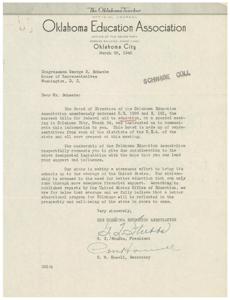 ["The Oklahoma Education Association has endorsed bills for federal aid to education and is requesting Congressman George B. Schwabe to support and influence the legislation. They believe that better education will lead to prosperity and well-being for the state of Oklahoma."]