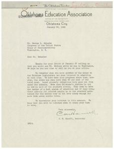 ["The document is a series of letters between the Oklahoma Education Association, Representative George B. Schwabe, and the National Education Association regarding Federal Aid Bill S. 181 and H. R. 1296, which aim to provide financial aid to public schools. The documents express appreciation for support, inform about representatives attending hearings, and request support for the legislation. The documents emphasize the importance of the bills for the educational progress and future welfare of Oklahoma."]