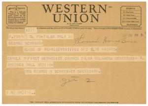 ["This is a telegram from A.N. Williams, President of a company, regarding opposition to a bill (HR3116) by the First Methodist Church in Tulsa, Oklahoma. The company welcomes feedback from its customers regarding their service."]