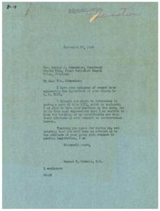 ["Mrs. Schwenker, Secretary of Circle Nine at First Methodist Church in Tulsa, Oklahoma, expressed opposition to H.R. 3116 in a recent telegram to Congressman George B. Schwabe. Schwabe enclosed a copy of the bill and requested further communication regarding the group's stance on pending legislation."]