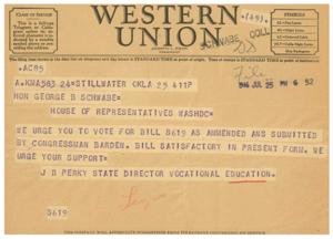 ["The document is a communication urging a representative to vote for a specific bill, S619, as amended and submitted by Congressman Barden. The sender, JB Perky, State Director of Vocational Education, requests support for the bill and mentions that the company welcomes suggestions from its patrons regarding its service."]
