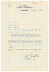 ["The State Superintendent of Education in Oklahoma is urging Congressman George Schwabe to support Senate Bill 1080, which has been amended to allow states to appoint administrators, directors, supervisors, and teachers necessary to carry out the provisions of the Act. The Superintendent has consulted with educators in the state and is willing to provide any information that may be helpful in gaining support for the Bill in the House."]