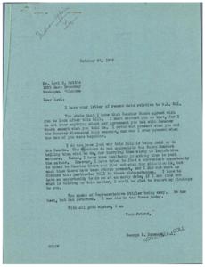 ["Levi B. Gritts wrote to Congressman George B. Schwabe and Senator E.H. Moore in July 1945, asking for assistance with H.R. Bill No. 341, known as the Keetoowah Bill, which would provide more authority to the Keetoowah Society. Congressman Schwabe's office acknowledged Gritts' letter and said it would be brought to the Congressman's attention. Senator Moore's office replied, stating that the Senator is busy but will consider the bill, ensuring it does not conflict with the Wheeler-Howard Act. Gritts later wrote to Schwabe again in October 1945, expressing concern about the bill's delay and mentioning his previous communication with Senator Moore. Schwabe responded, stating that he had not been present during any discussions between Gritts and Senator Moore regarding the bill. He also mentioned that Congressman Stigler, the bill's author, had returned to Washington and would address the matter."]