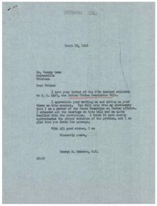 Supporting Passage of Indian Claims Commission Bill: Correspondence Between George B. Schwabe and Canuky Lowe, 1946-03-27 - 1946-03-27