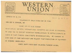 URGENT MESSAGE: Negotiations Between International Harvester and Union, 1946-01-01 - 1946-12-31