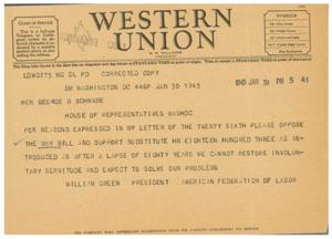 Telegram Regarding Opposition to the May Bill and Support for Substitute HR 1803, 1946-01-01 - 1946-12-31
