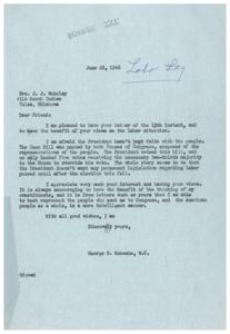 Concerns Regarding Labor Legislation: Correspondence between Mrs. J.J. McAulay and Representative  George B. Schwabe, 1946-06-22 - 1946-06-22