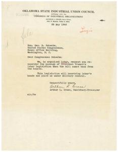 Letter to Congressman Schwabe Regarding President Truman&#39;s Labor Legislation, 1946-01-01 - 1946-12-31