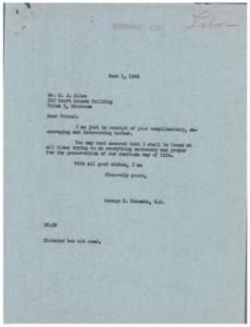 Support for Americanism: A Letter from C.J. Allen to Honorable  George B. Schwabe, 1946-05-27 - 1946-05-27
