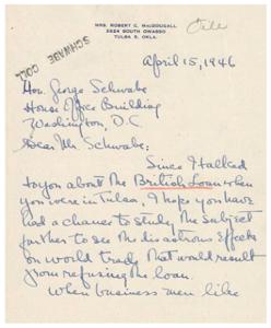 The Importance of Trade Relations: A Letter to Honorable  Singe Schwabe, 1945-01-01 - 1946-12-31