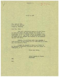 Response to Mrs. Anna E. Webb&#39;s Request for Copies of Bills, 1945-03-28
