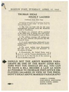 President Truman&#39;s Ideas for Improving Post-Office Employee Salaries, 1945-04-17