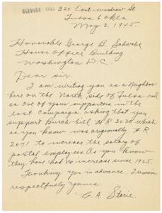 Support for Burch Bill H R 3035: A Letter to Honorable George B. Schwabe, 1945-05-03