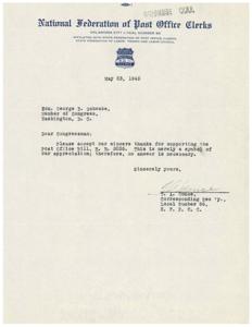 Letter of Thanks to Honorable  George B. Schwabe for Supporting Post Office Bill, 1945-05-23