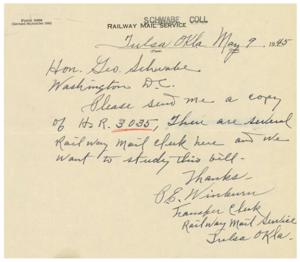 Request for Copy of H.R. 3035 for Railway Mail Service in Tulsa, Oklahoma, 1945-01-01 - 1946-12-31
