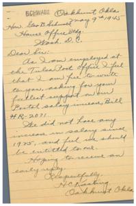 Request for Support on Postal Salary Increase Bill H R-2071, 1945-01-01 - 1946-12-31
