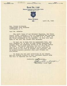 Support for H. R. 2071: A Thank You to Honorable  George B. Schwabe, 1945-04-25