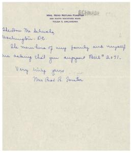 Request for Support from Mrs. Read to Mr. Schwabe, 1945-01-01 - 1946-12-31