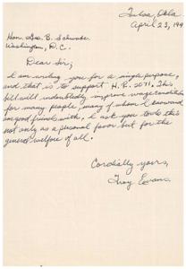 Support for H.R. 2071: A Letter to Honorable  The B. Schwabe, 1945-01-01 - 1946-12-31