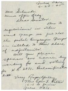 Request for Reclassification Bill Support in Tulsa, Okla, 1945-01-01 - 1946-12-31
