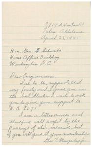Support for H.B. 2071: A Letter from Tuba, Oklahoma, 1945-01-01 - 1946-12-31