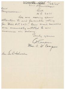 Request for Increased Salary for Mail Carriers: Urgent Appeal to Congressman Schwabe, 1945-01-01 - 1946-12-31