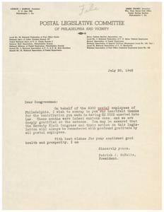 Gratitude for Legislative Support: A Thank You Letter from the Postal Legislative Committee of Philadelphia and Vicinity, 1945-07-20