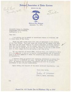 Support Needed for Retired Postmen: A Letter to Congressman Schwabe, 1945-09-10