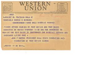 Telegram Regarding Post Office Clerk Compensation, 1945-01-01 - 1946-12-31