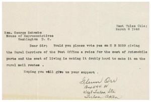 Request for Support: Rural Mail Carriers Seeking Raise in West Tulsa, 1945-01-01 - 1946-12-31