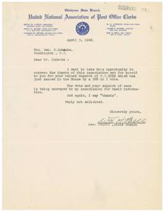 Thank You Letter for Support of H.R.5059 from Oklahoma State Branch of UNAPOC, 1946-04-03
