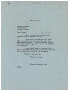 Success in Passing H.R. 5059: A Thank You Letter from George B. Schwabe, M.C., 1946-04-02