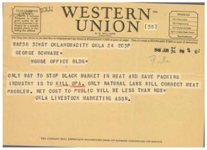 Telegram from Oklahoma Livestock Marketing Association Urging End of OPA for Meat Industry, 1945-01-01 - 1946-12-31