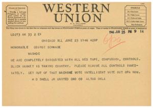 Message to Honorable George Schwabe: Urgent Call to Remove Control and Red Tape, 1945-01-01 - 1946-12-31