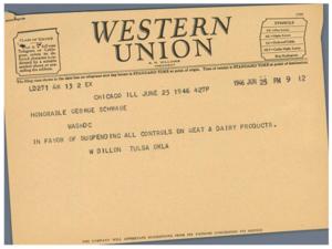 Telegram from A. N. Williams, President of Western Union, regarding Control of Meat &amp; Dairy Products, 1945-01-01 - 1946-12-31