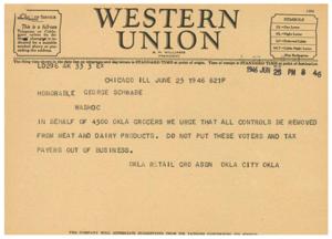 Telegram Urging Removal of Controls on Meat and Dairy Products, 1945-01-01 - 1946-12-31