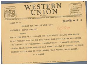 Telegram to Honorable George Schwabe Requesting Removal of Price Ceilings, 1945-01-01 - 1946-12-31